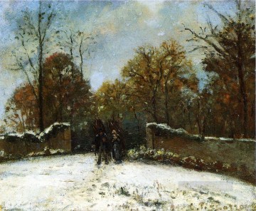  snow Oil Painting - entering the forest of marly snow effect Camille Pissarro